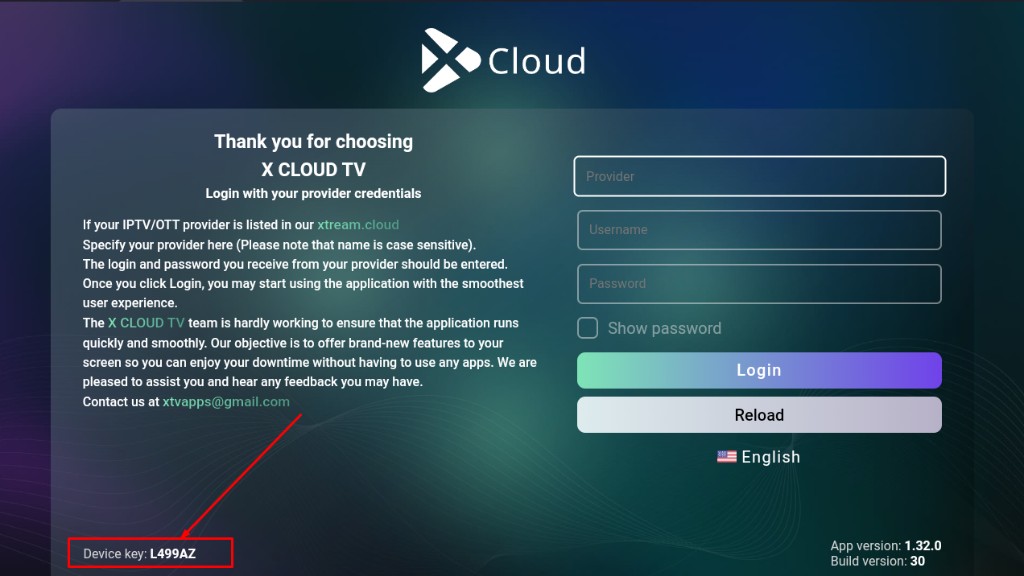 Tela de login do X Cloud TV com o Device Key destacado no canto inferior esquerdo